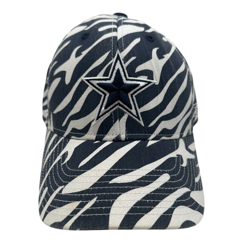 Vintage Reebok Dallas Cowboys Hat Cap‎ Stretch Fit OSFA Navy White Zebra Print